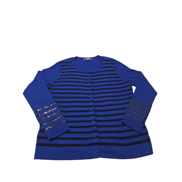 Gap Striped Sequin Round Neck Cardigan Sweater Wool Blend Blue Black XL F16.1 - Picture 2 of 9